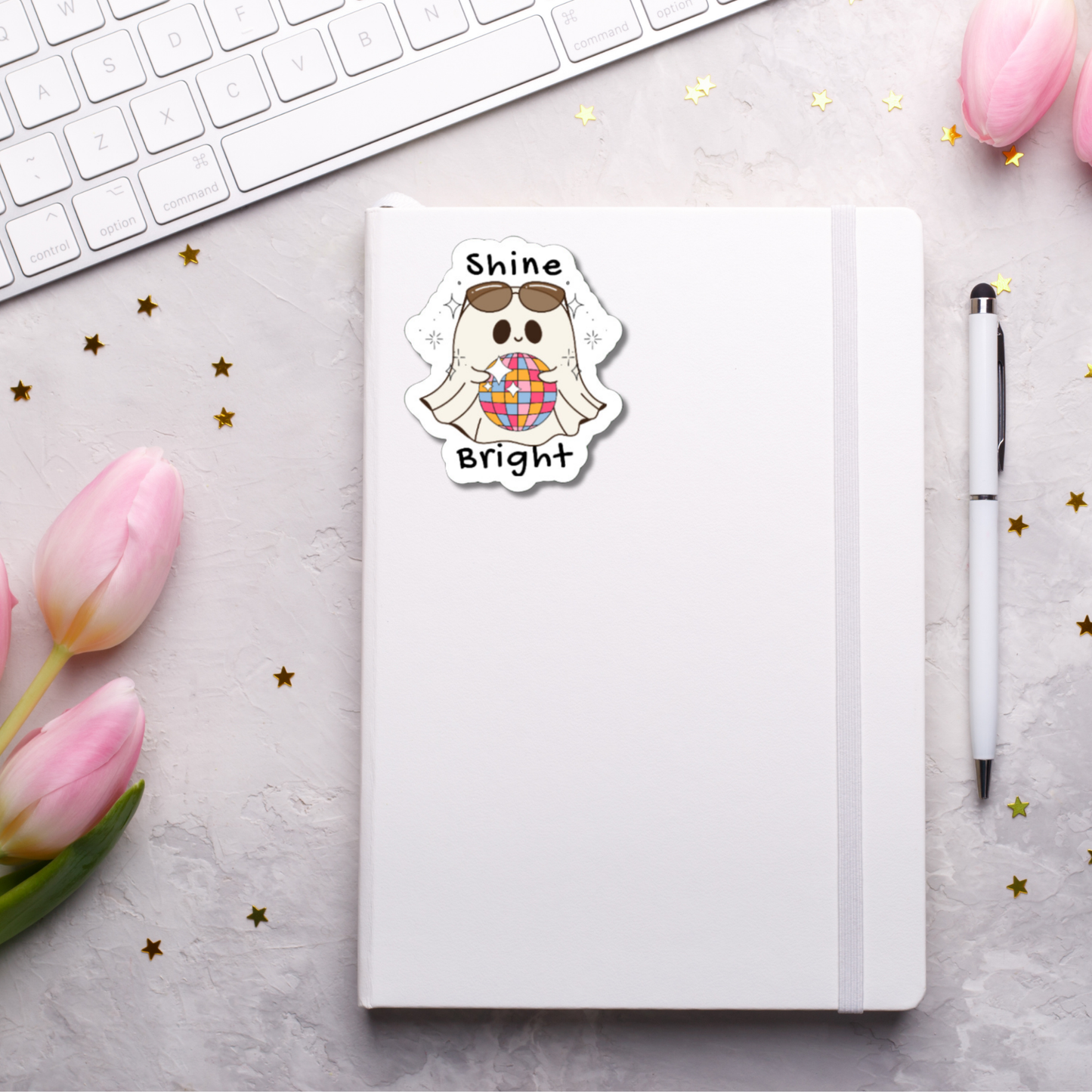 Cute, funny Ghost, Disco ball Shine Bright matte or glossy vinyl sticker ⎪ gift for book lover⎪ laptop sticker ⎪ phone sticker positivity
