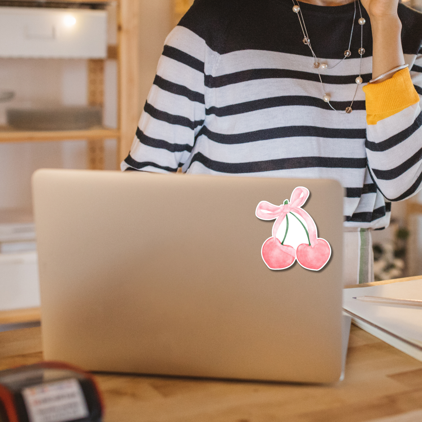 Watercolor Cherries with Bow matte or glossy vinyl sticker ⎜ Bookish stickers ⎜Phone sticker ⎜Sticker for laptop ⎜ Kindle Sticker