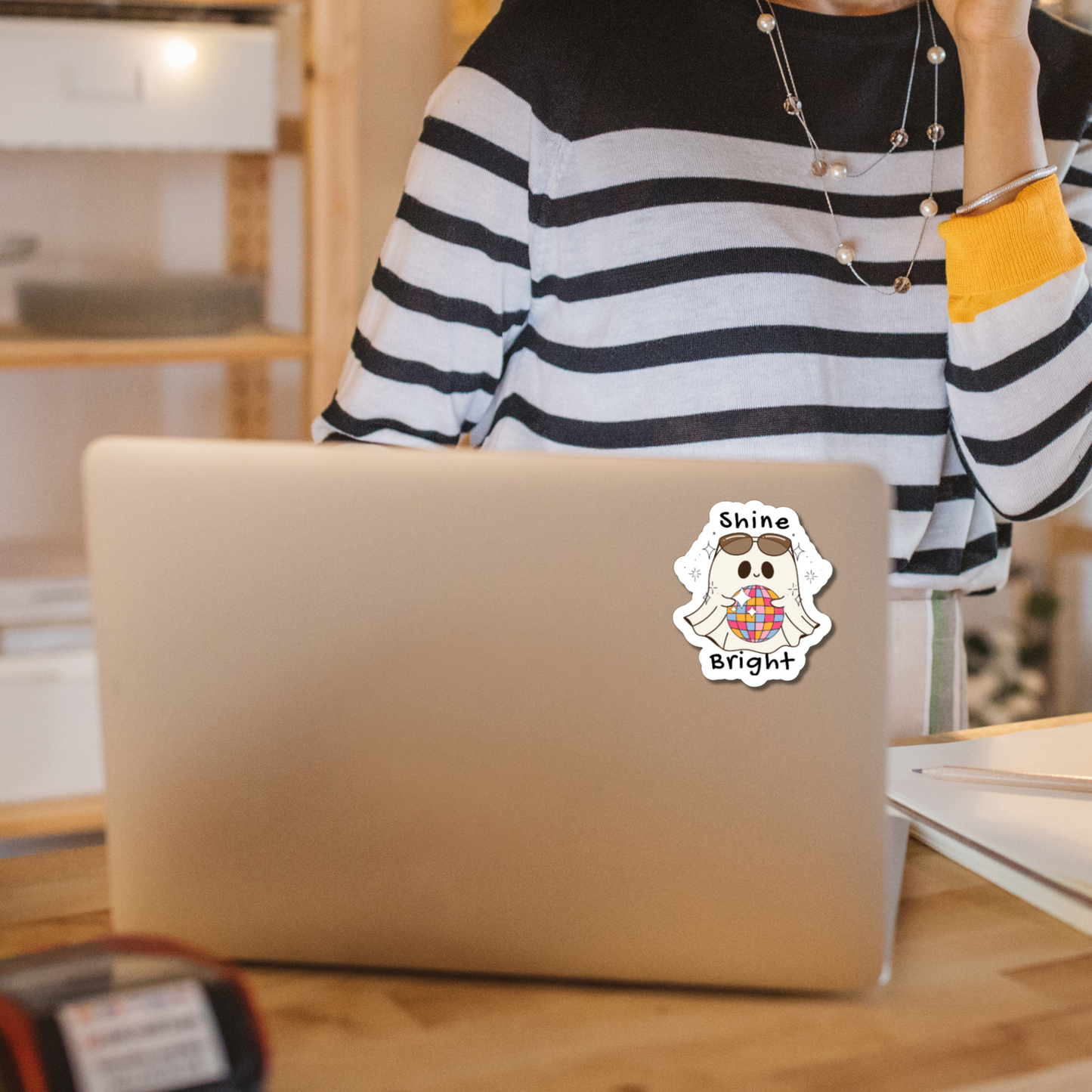 Cute, funny Ghost, Disco ball Shine Bright matte or glossy vinyl sticker ⎪ gift for book lover⎪ laptop sticker ⎪ phone sticker positivity