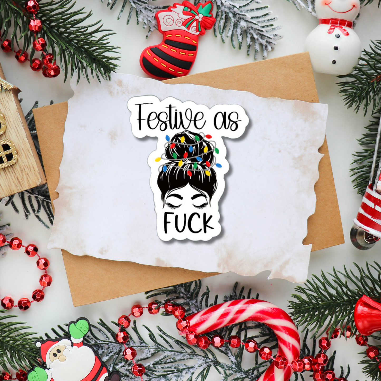 Funny Festive as Fuck woman matte or glossy vinyl sticker⎪gift for Christmas⎪ laptop sticker⎪ phone sticker