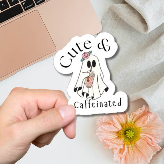 Cute and Caffeinated Funny Ghost Matte or Glossy vinyl sticker⎪gift for book lover⎪ laptop sticker ⎪ phone sticker