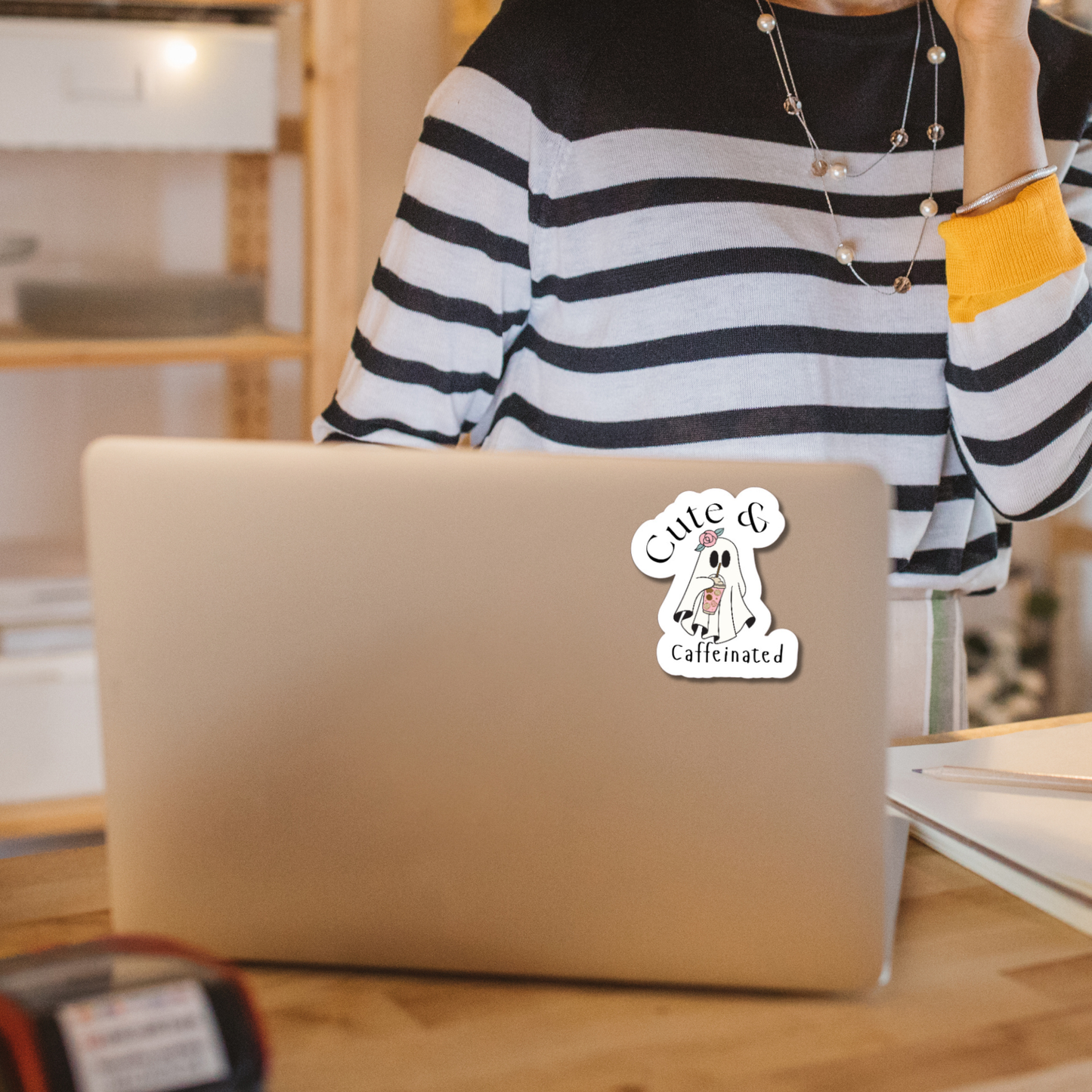 Cute and Caffeinated Funny Ghost Matte or Glossy vinyl sticker⎪gift for book lover⎪ laptop sticker ⎪ phone sticker