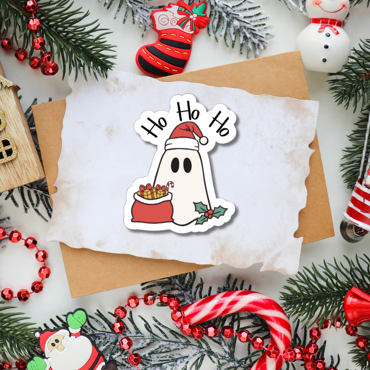 Funny Holiday ghost Ho Ho Ho matte or glossy vinyl sticker⎪gift for Christmas⎪ laptop sticker⎪ phone sticker